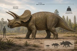 Scientific reconstruction of an adult Triceratops horridus showing its size compared with a 1.8 m tall human, including annotated length (8–9 m), shoulder height (2.5–3.0 m), skull length (up to 2.5 m), estimated mass (6–10 tonnes), and juvenile-to-adult growth silhouettes in a Late Cretaceous Hell Creek floodplain.