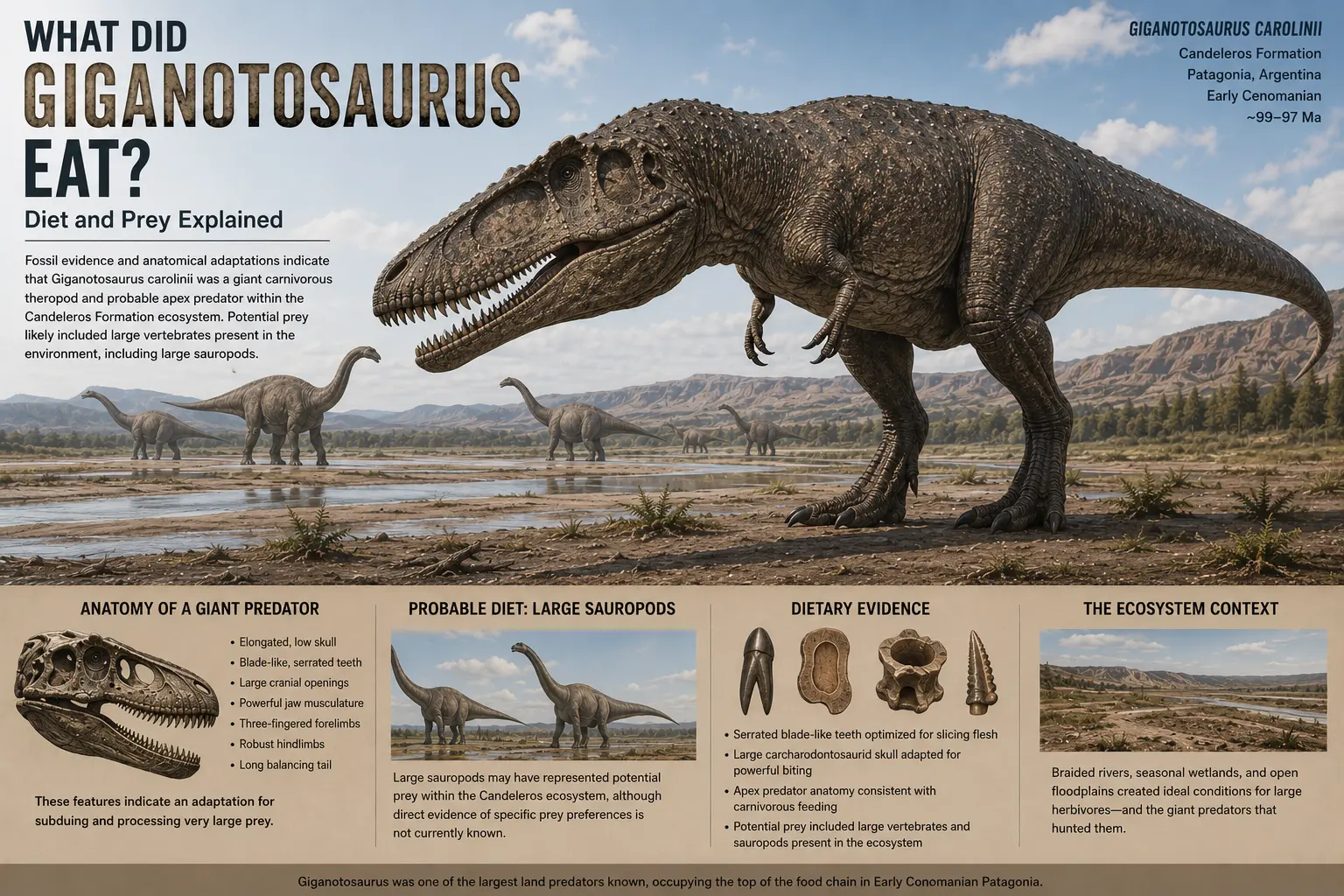 Educational infographic showing Giganotosaurus carolinii as a probable apex predator in the Candeleros Formation ecosystem, highlighting anatomical features associated with carnivory, potential prey including large sauropods, and the braided-river environment of Early Cenomanian Patagonia.
