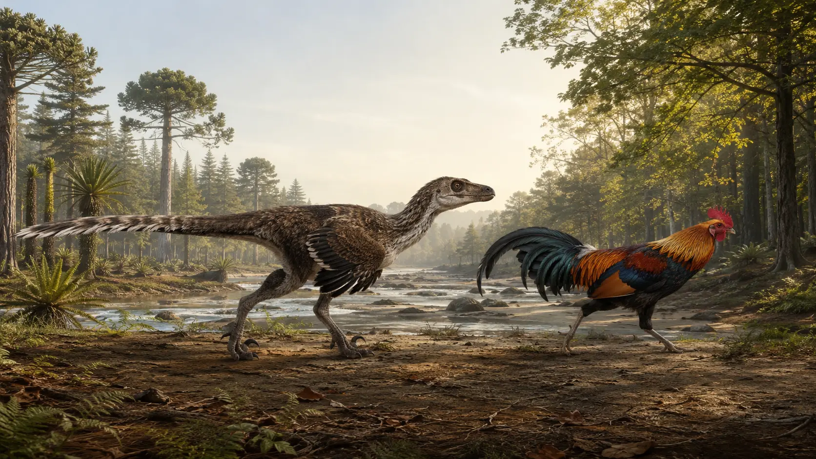 Museum-quality paleoart comparing a feathered Deinonychus antirrhopus with a modern Red Junglefowl, illustrating that birds are the only living theropod dinosaurs.