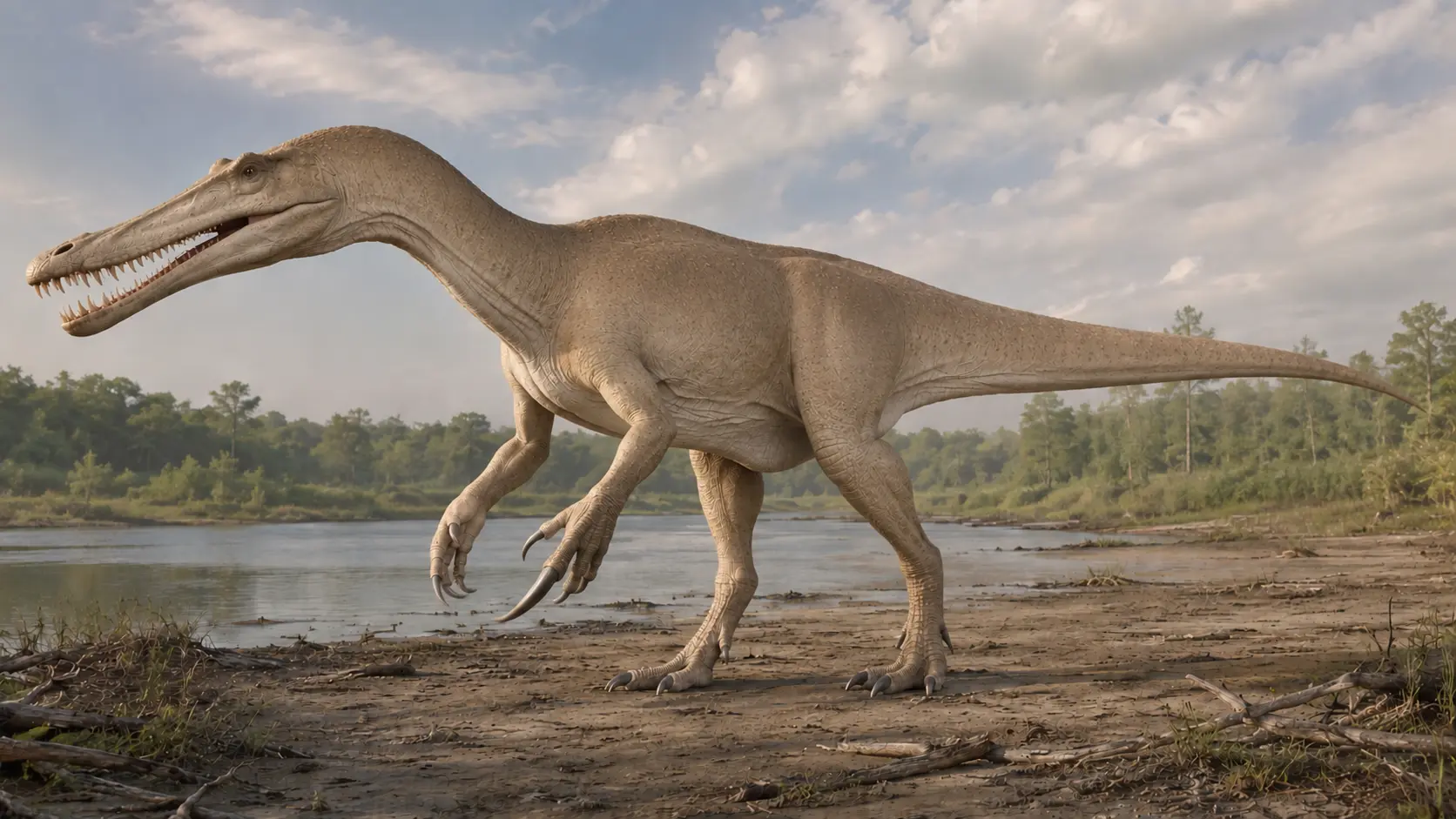 Photorealistic reconstruction of Baryonyx walkeri, showing its long narrow snout, robust forelimbs, large first manual claw, and bipedal posture.