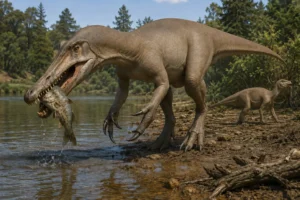Baryonyx walkeri feeding on a fish beside a Cretaceous waterway, with a juvenile iguanodontian representing other prey.