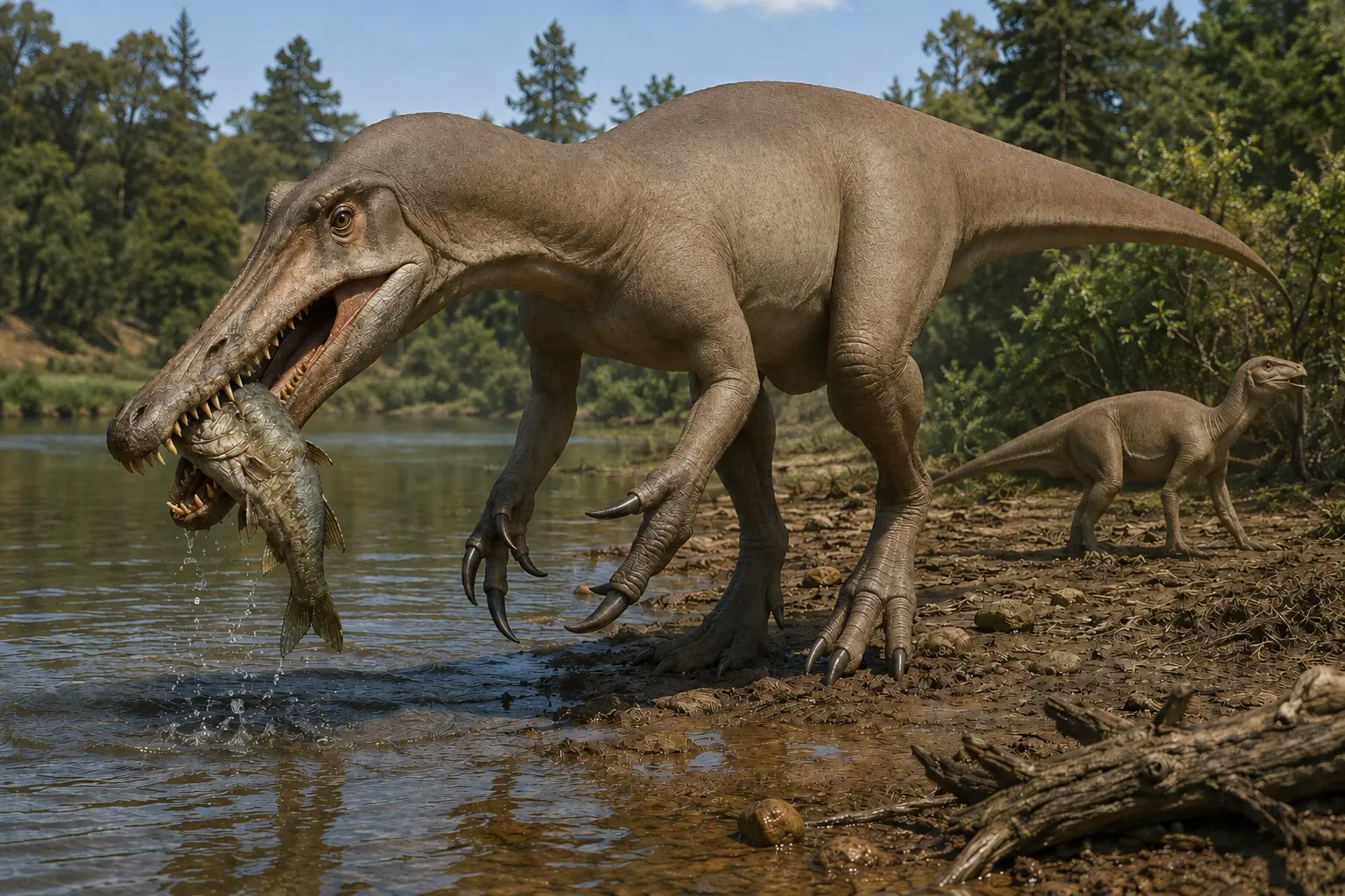 Baryonyx walkeri feeding on a fish beside a Cretaceous waterway, with a juvenile iguanodontian representing other prey.