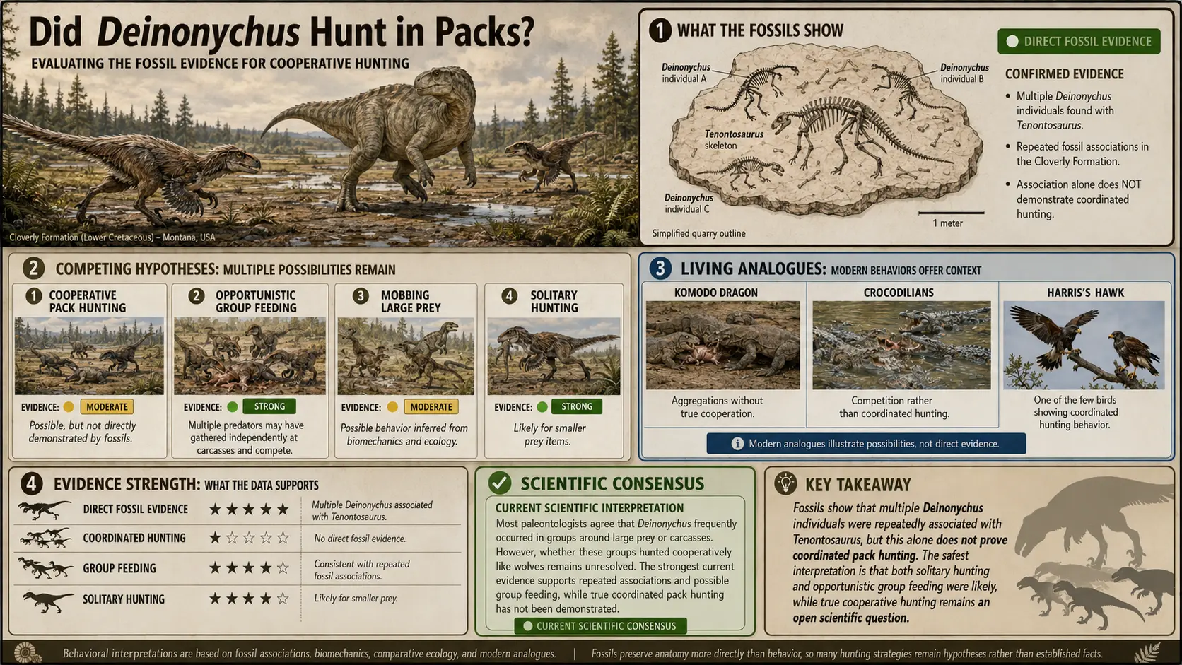 Museum-style infographic evaluating whether Deinonychus antirrhopus hunted in packs, comparing fossil evidence, competing behavioral hypotheses, modern analogues, and current scientific consensus on cooperative hunting.