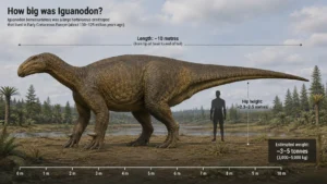 Size comparison of Iguanodon bernissartensis showing an adult dinosaur alongside a human silhouette with annotated length of approximately 10 metres, hip height of 2.3–2.5 metres, estimated weight of 3–5 tonnes, and a metric scale bar.