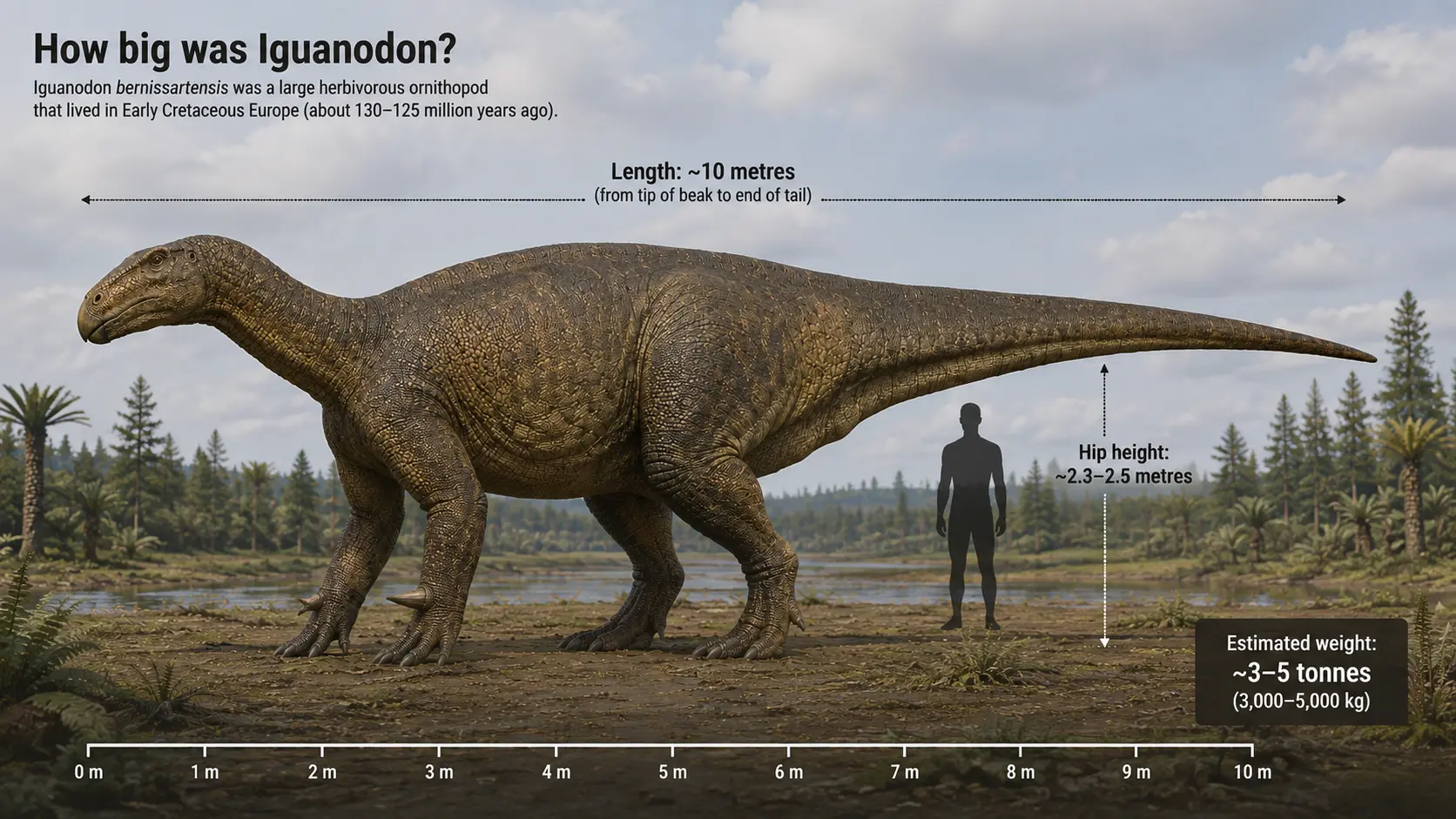 Size comparison of Iguanodon bernissartensis showing an adult dinosaur alongside a human silhouette with annotated length of approximately 10 metres, hip height of 2.3–2.5 metres, estimated weight of 3–5 tonnes, and a metric scale bar.