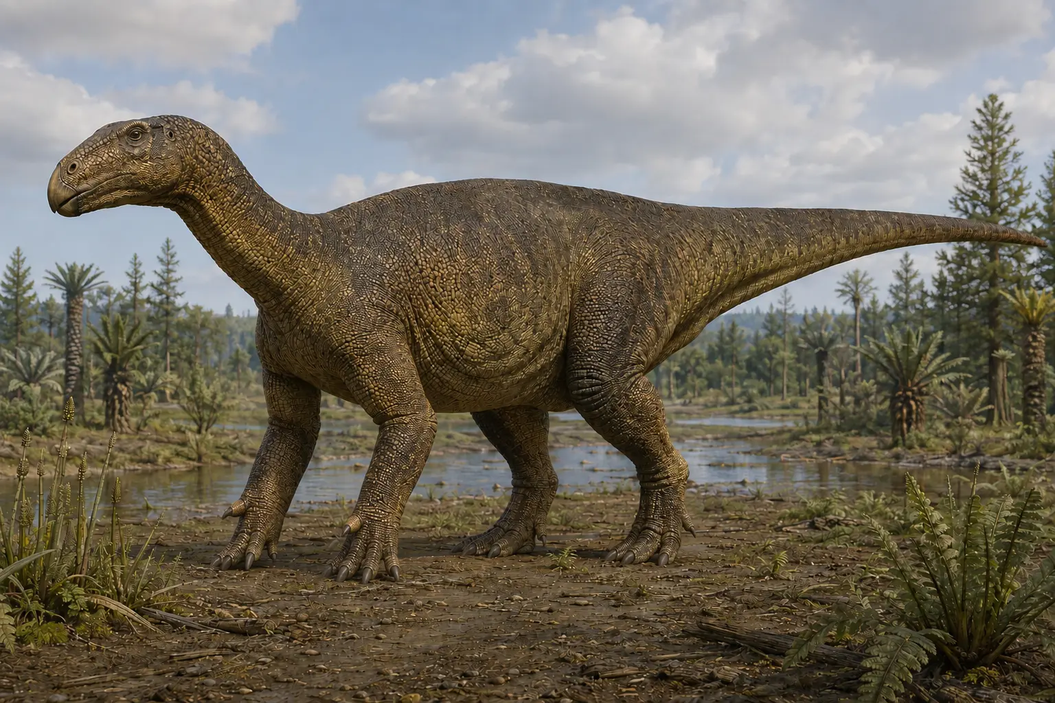 Photorealistic reconstruction of Iguanodon bernissartensis standing in an Early Cretaceous European floodplain, showing its robust body, beaked skull, distinctive thumb spikes, scaly skin, and elevated tail in a natural quadrupedal stance.