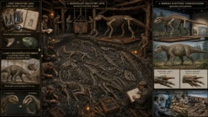 Educational timeline illustrating the discovery of Iguanodon bernissartensis, from Gideon Mantell's first fossil teeth and the Crystal Palace reconstruction to the Bernissart coal mine excavations and modern scientific reconstruction.