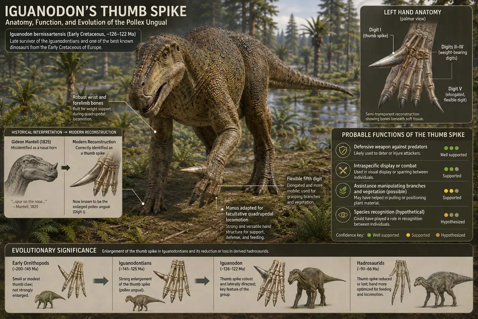 Educational illustration of Iguanodon bernissartensis highlighting the enlarged thumb spike, hand anatomy, probable functions, historical interpretation, and evolutionary development within iguanodontian dinosaurs.