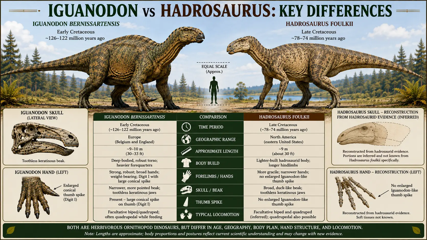 Iguanodon and Hadrosaurus side-by-side comparison showing differences in size, body build, skulls, hands, thumb spikes, and locomotion