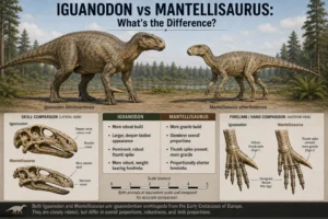 Iguanodon and Mantellisaurus compared side by side, showing differences in body robustness, skull shape, thumb spike, and forelimb proportions.