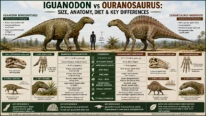 Iguanodon and Ouranosaurus side-by-side comparison showing differences in size, body build, thumb spike, dorsal sail, skull, forelimbs, diet, and locomotion