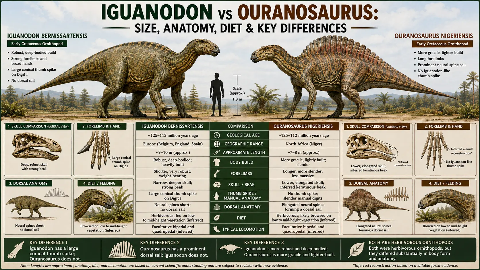 Iguanodon and Ouranosaurus side-by-side comparison showing differences in size, body build, thumb spike, dorsal sail, skull, forelimbs, diet, and locomotion