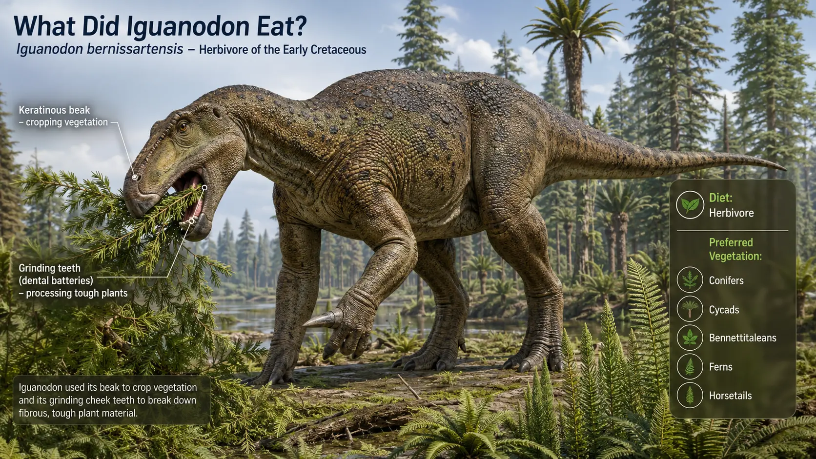 Illustration of Iguanodon bernissartensis feeding on conifer branches in an Early Cretaceous forest, with annotations showing its keratinous beak, grinding cheek teeth, herbivorous diet, and preferred vegetation.