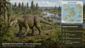 Illustration of Iguanodon bernissartensis in an Early Cretaceous European floodplain with annotations showing conifer woodland, wetlands, fern understory, a habitat summary, and a map of known fossil localities.