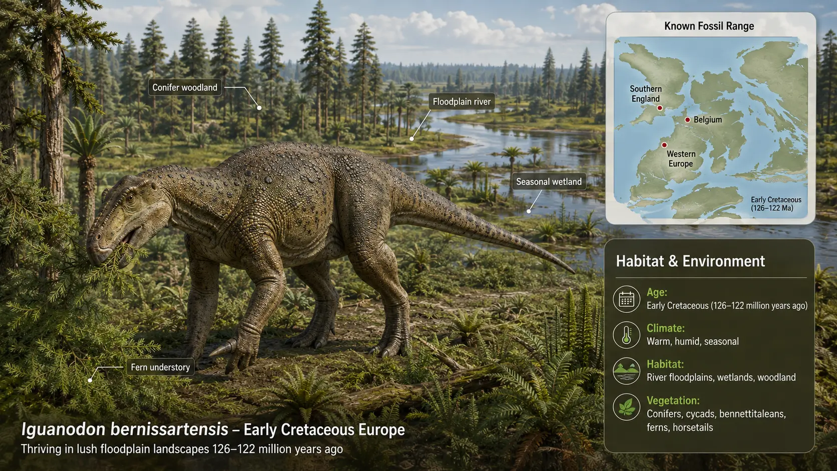 Illustration of Iguanodon bernissartensis in an Early Cretaceous European floodplain with annotations showing conifer woodland, wetlands, fern understory, a habitat summary, and a map of known fossil localities.