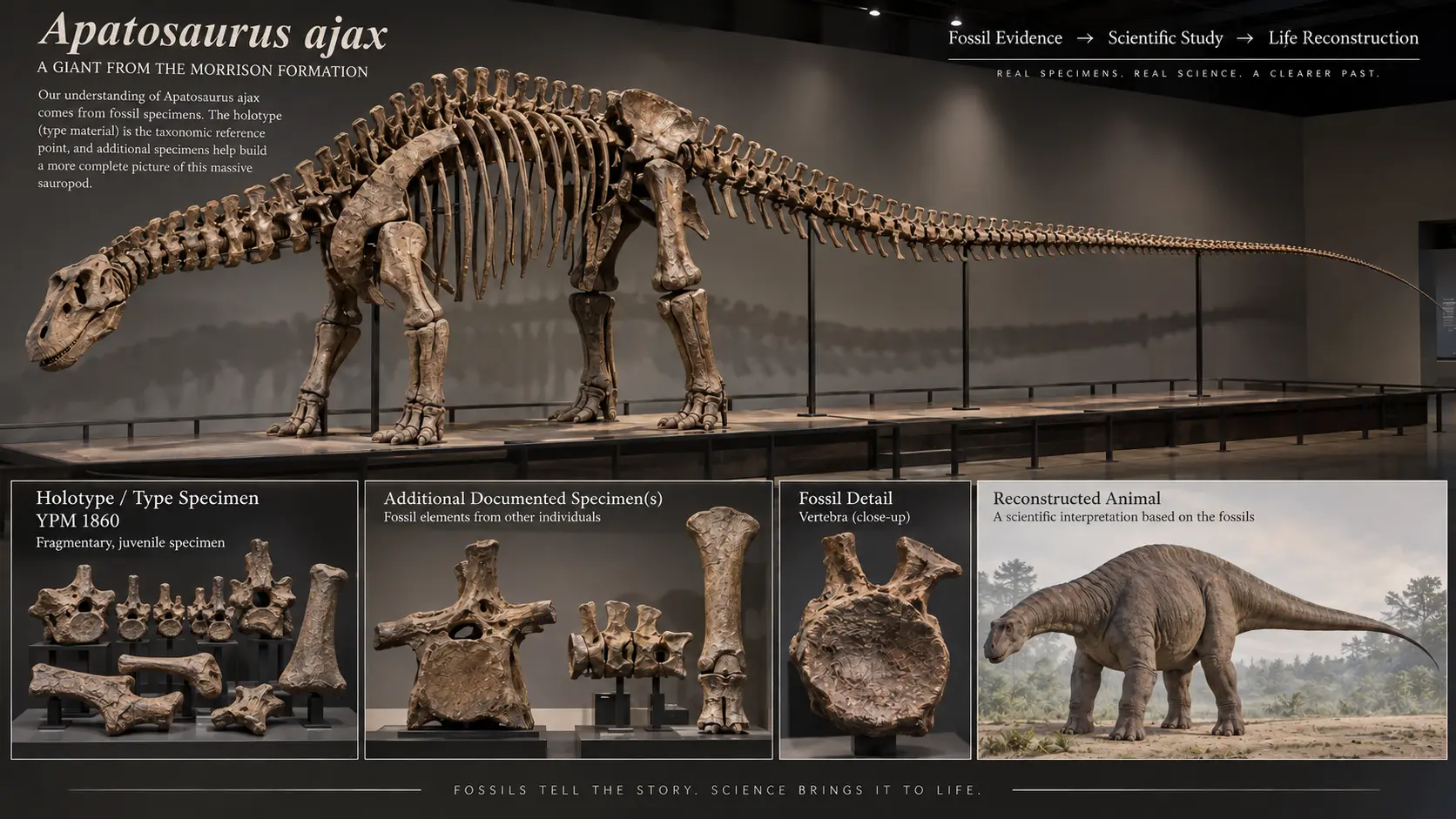 Apatosaurus ajax fossil display showing holotype YPM 1860, additional documented specimens, vertebral fossil detail, and a scientific life reconstruction.