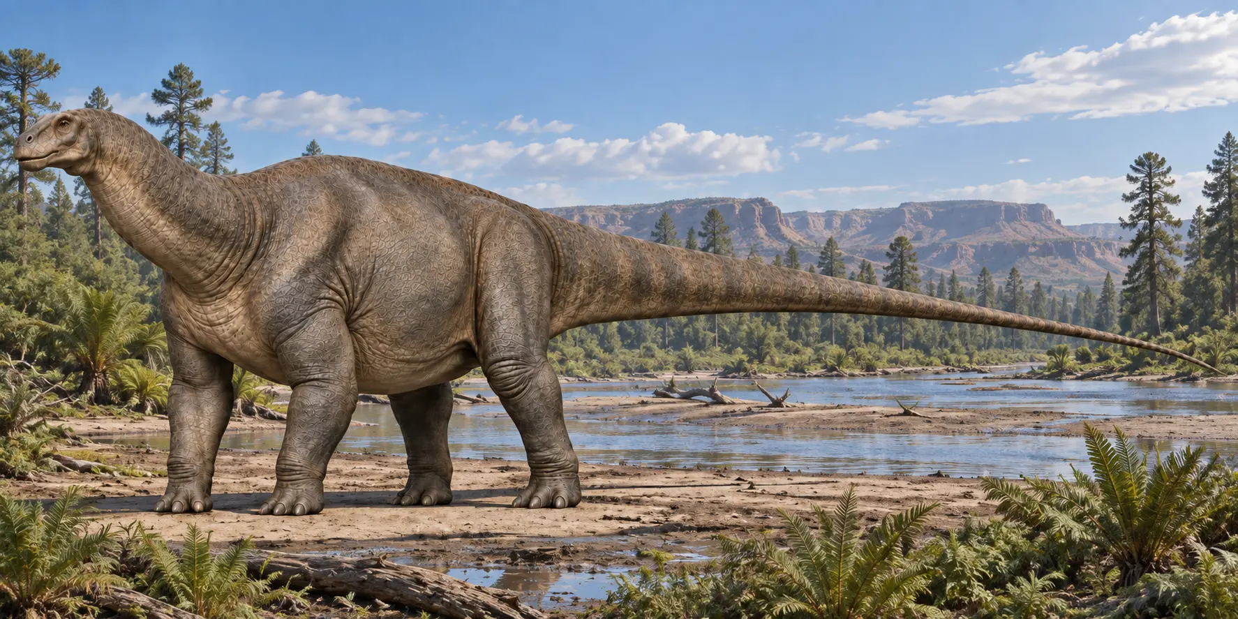 Apatosaurus ajax standing beside a Late Jurassic Morrison Formation floodplain with a long tapering tail and robust sauropod body.