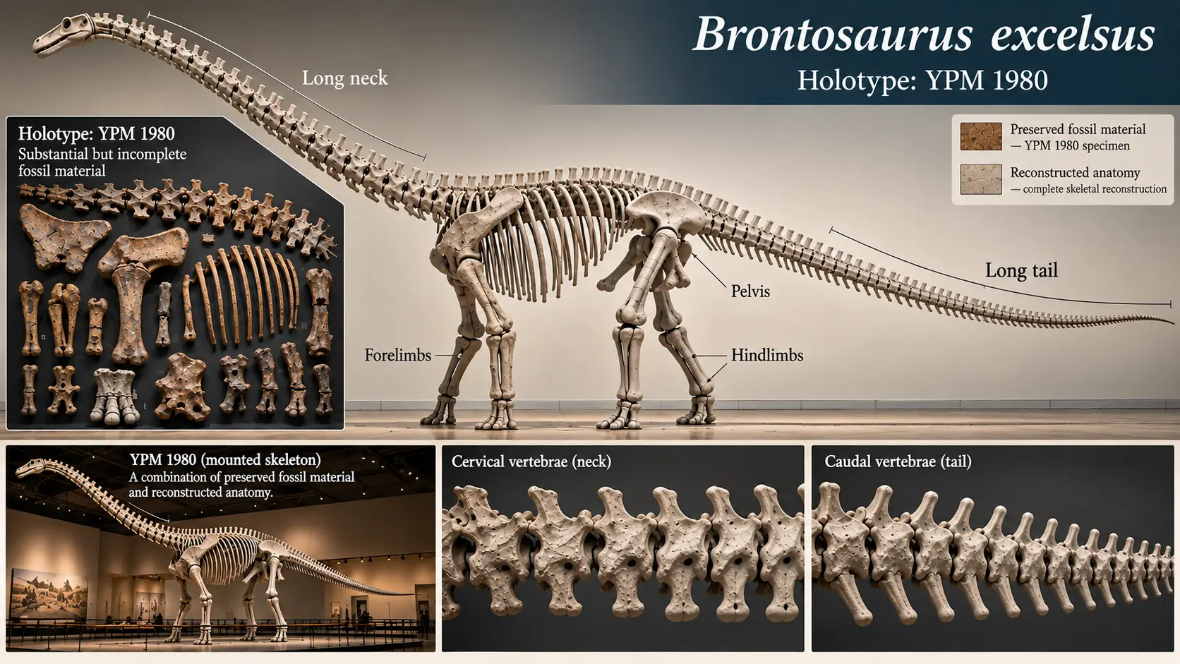 Brontosaurus excelsus skeletal reconstruction showing its long neck, long tail, pelvis, forelimbs, hindlimbs, and YPM 1980 fossil evidence, with preserved material distinguished from reconstructed anatomy.