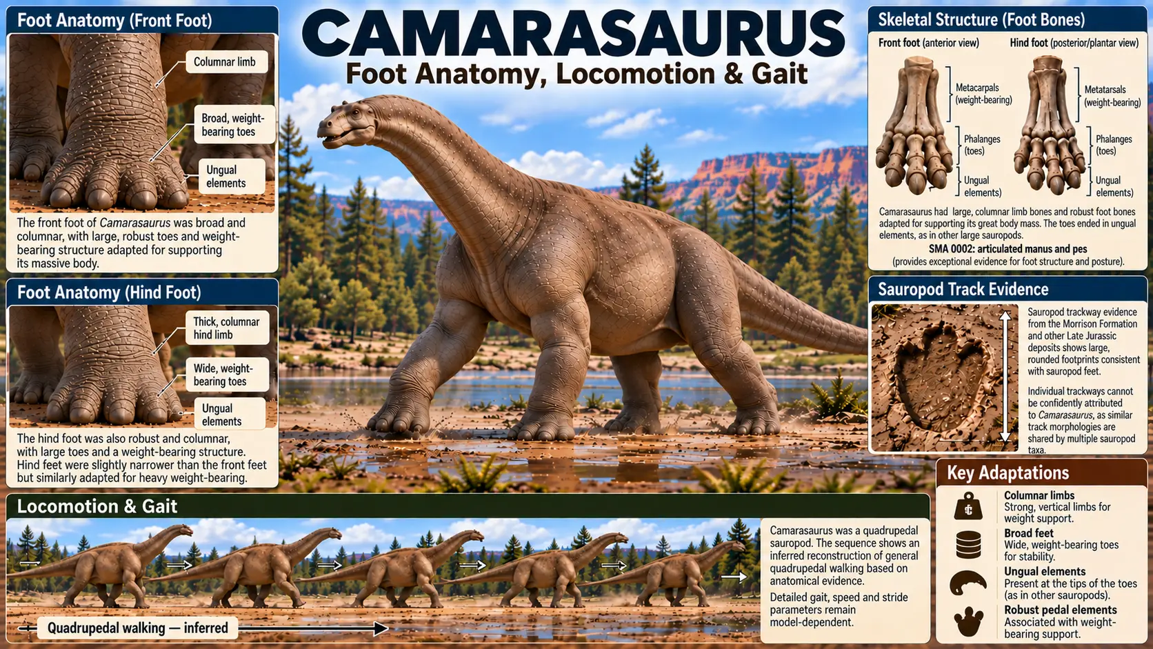 Camarasaurus foot anatomy, locomotion and gait, showing robust weight-bearing front and hind feet, foot-bone structure, sauropod trackway evidence, and inferred quadrupedal walking.
