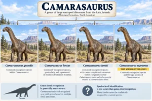 Camarasaurus taxonomy showing four commonly recognized species: C. grandis, C. lentus, C. lewisi, and C. supremus, with C. supremus identified as the type species of the genus.