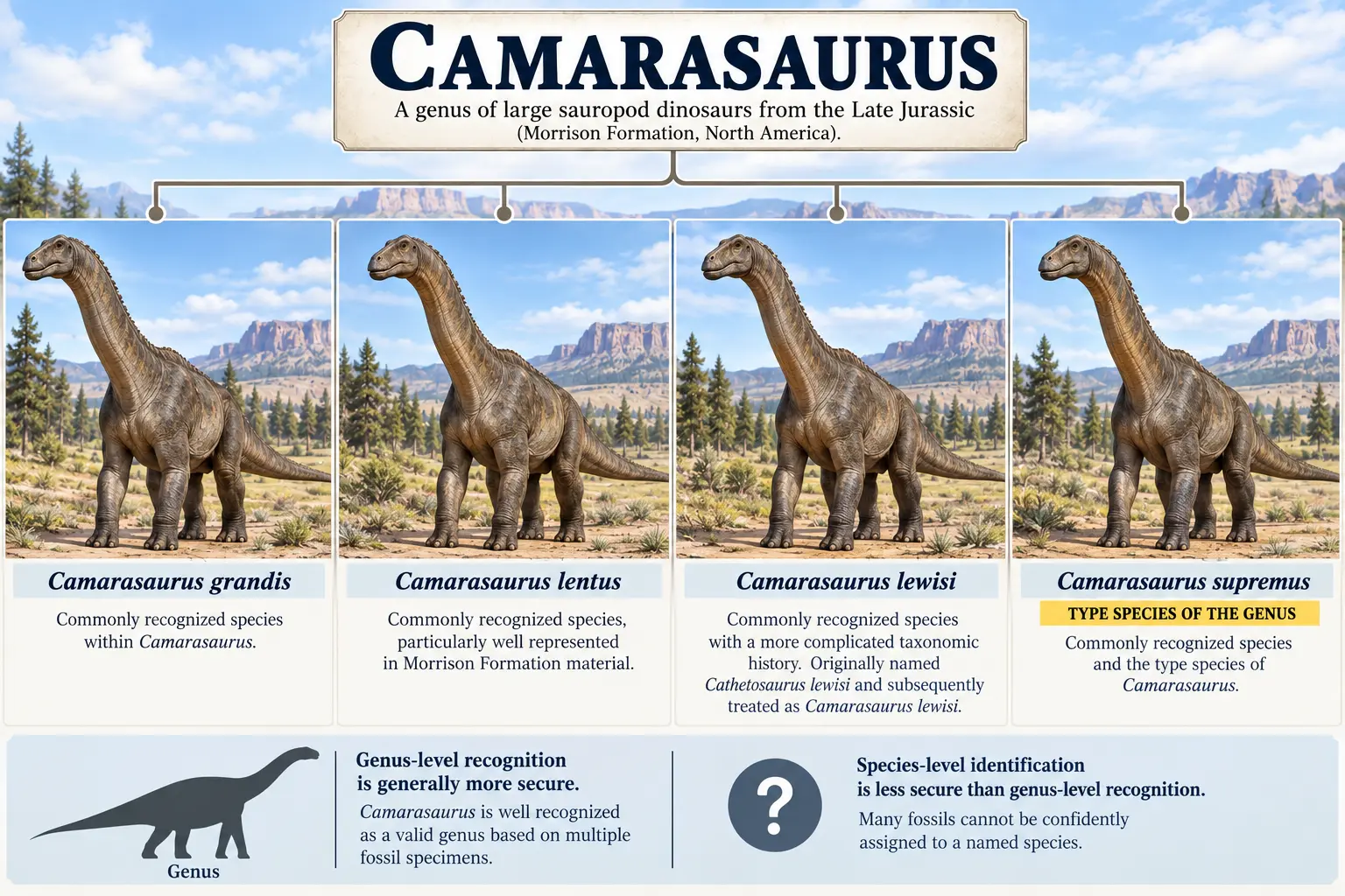 Camarasaurus taxonomy showing four commonly recognized species: C. grandis, C. lentus, C. lewisi, and C. supremus, with C. supremus identified as the type species of the genus.