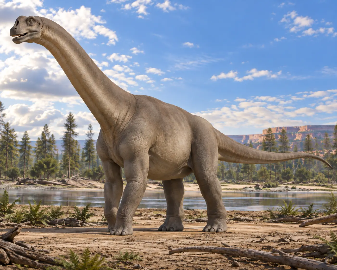 Camarasaurus shown in a full-body three-quarter view in a Late Jurassic landscape, highlighting its robust quadrupedal body, deep skull, and long neck and tail.