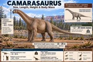 Camarasaurus size infographic showing adult length, reconstructed height, body mass estimates, and exceptional 23 m Camarasaurus supremus reconstruction