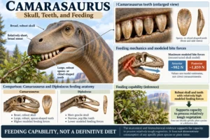 Camarasaurus skull and robust spoon-shaped teeth with modeled bite forces and feeding anatomy, illustrating its capacity to process relatively tough vegetation without establishing a definitive diet.