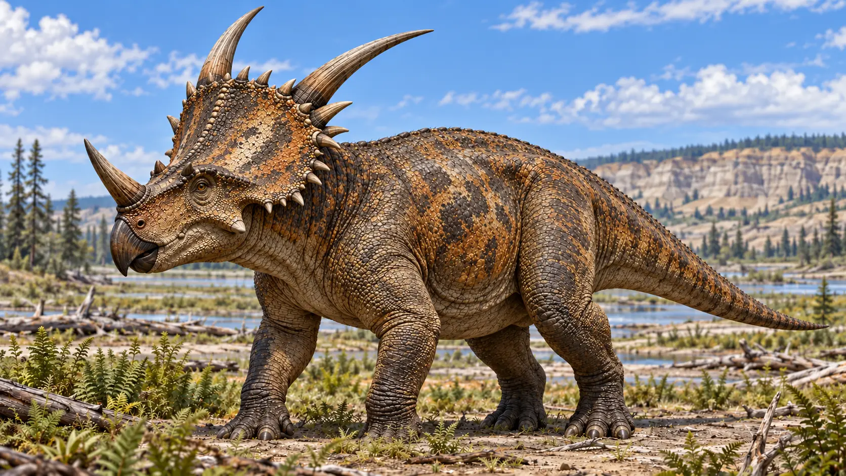 Scientific life reconstruction of Styracosaurus albertensis showing its prominent nasal horn, elongated frill spikes, robust quadrupedal body and scaled skin in a Late Cretaceous floodplain environment.