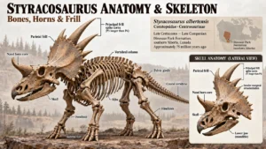 Styracosaurus albertensis skeletal reconstruction showing the skull, nasal horn core, prominent frill spikes, vertebral column, ribs, pelvis, and limbs, with a detailed skull anatomy inset.