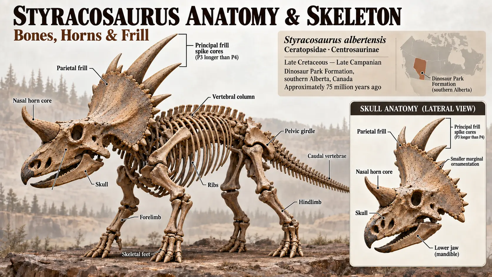 Styracosaurus albertensis skeletal reconstruction showing the skull, nasal horn core, prominent frill spikes, vertebral column, ribs, pelvis, and limbs, with a detailed skull anatomy inset.