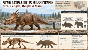 Styracosaurus albertensis size infographic showing estimated body length of 5.5–5.8 metres, adult mass of 3–5 tonnes, skeletal reconstruction, and human and African elephant size comparisons.