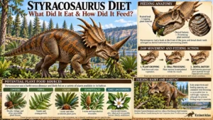Styracosaurus albertensis feeding on vegetation, illustrating its rostral beak, dental batteries, feeding mechanics, and plausible Cretaceous plant food sources.
