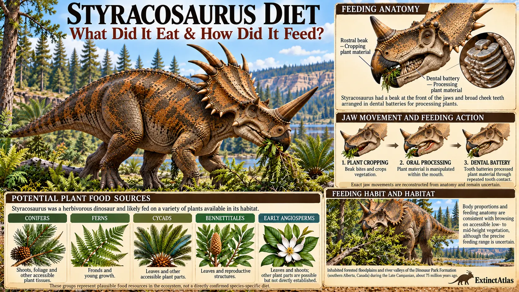 Styracosaurus albertensis feeding on vegetation, illustrating its rostral beak, dental batteries, feeding mechanics, and plausible Cretaceous plant food sources.