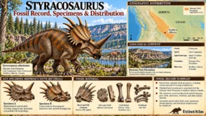 Styracosaurus albertensis reconstruction with a map of its southern Alberta distribution, Dinosaur Park Formation context, representative skulls, and fossil skeletal elements.
