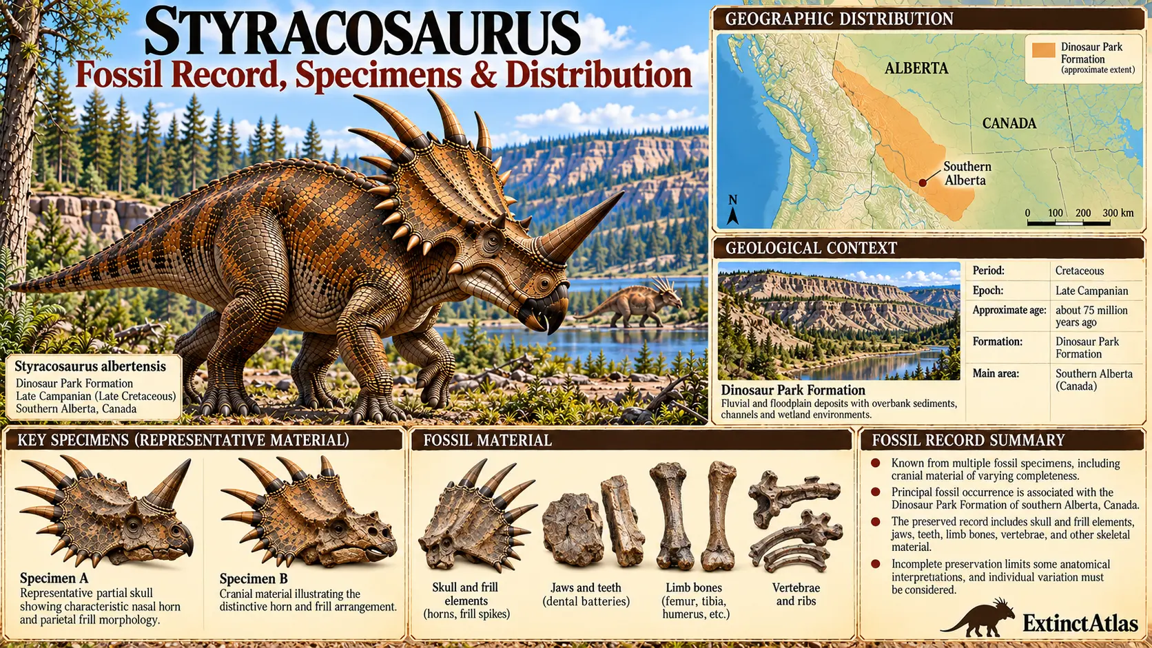 Styracosaurus albertensis reconstruction with a map of its southern Alberta distribution, Dinosaur Park Formation context, representative skulls, and fossil skeletal elements.