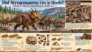 Styracosaurus herd behaviour infographic illustrating group movement, conceptual bonebed evidence, fossil age-class representation, and limitations of evidence for permanent herds.