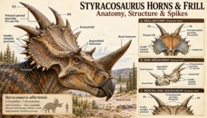 Scientific infographic illustrating Styracosaurus albertensis horn and frill anatomy, including the nasal horncore, supraorbital horncores, elongated P3 and P4 parietal processes, and smaller marginal frill spikes.