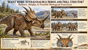 Infographic illustrating the possible functions of Styracosaurus albertensis horns and frill, including defence, visual display, species recognition, and cranial anatomy.