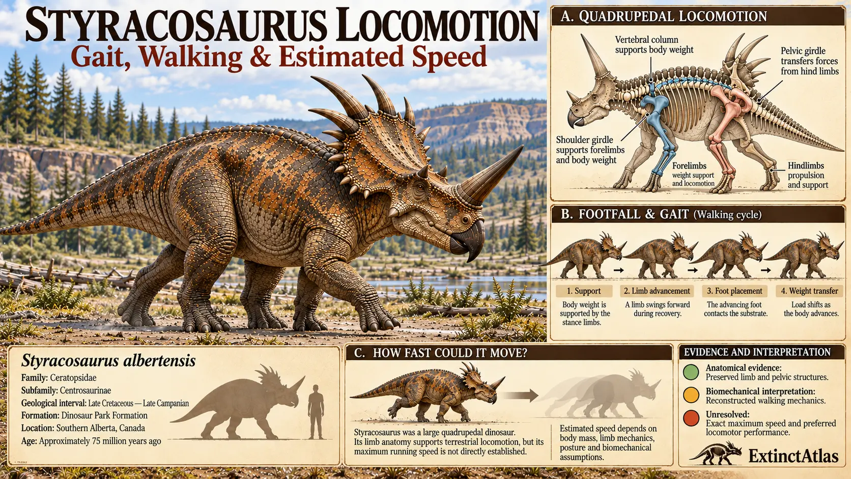 Styracosaurus albertensis walking on four legs, with an anatomical diagram illustrating quadrupedal locomotion, limb movement, gait cycle, and estimated speed.