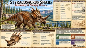 Styracosaurus albertensis taxonomy and naming history infographic showing scientific classification, 1913 discovery and naming, diagnostic skull anatomy, and accepted species status.