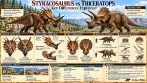 Styracosaurus vs Triceratops comparison showing differences in skull shape, nasal and brow horns, frill ornamentation, body size, geological age, and fossil formations.